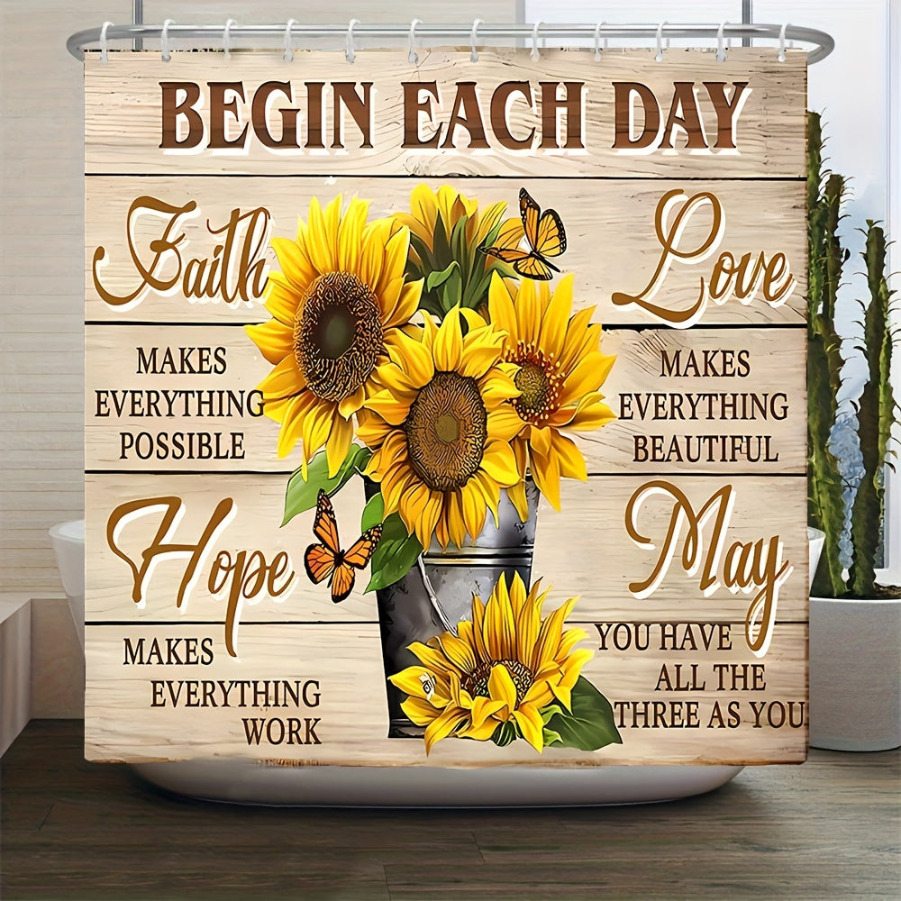 Begin Each Day Christian Shower Curtain or Set With Hooks, Non-Slip Bathroom Rug, Toilet U-Shape Mat, Toilet Lid Cover Pad 70.9inch X 70.9inch claimedbygoddesigns