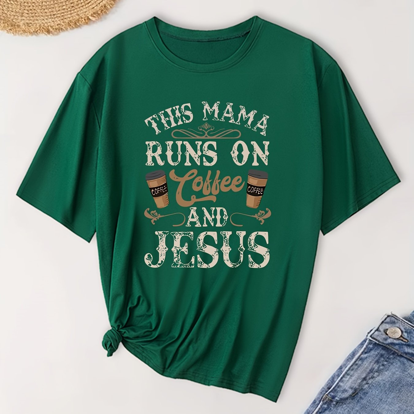 This Mama Runs On coffee And Jesus Plus Size Women's Christian T-shirt claimedbygoddesigns