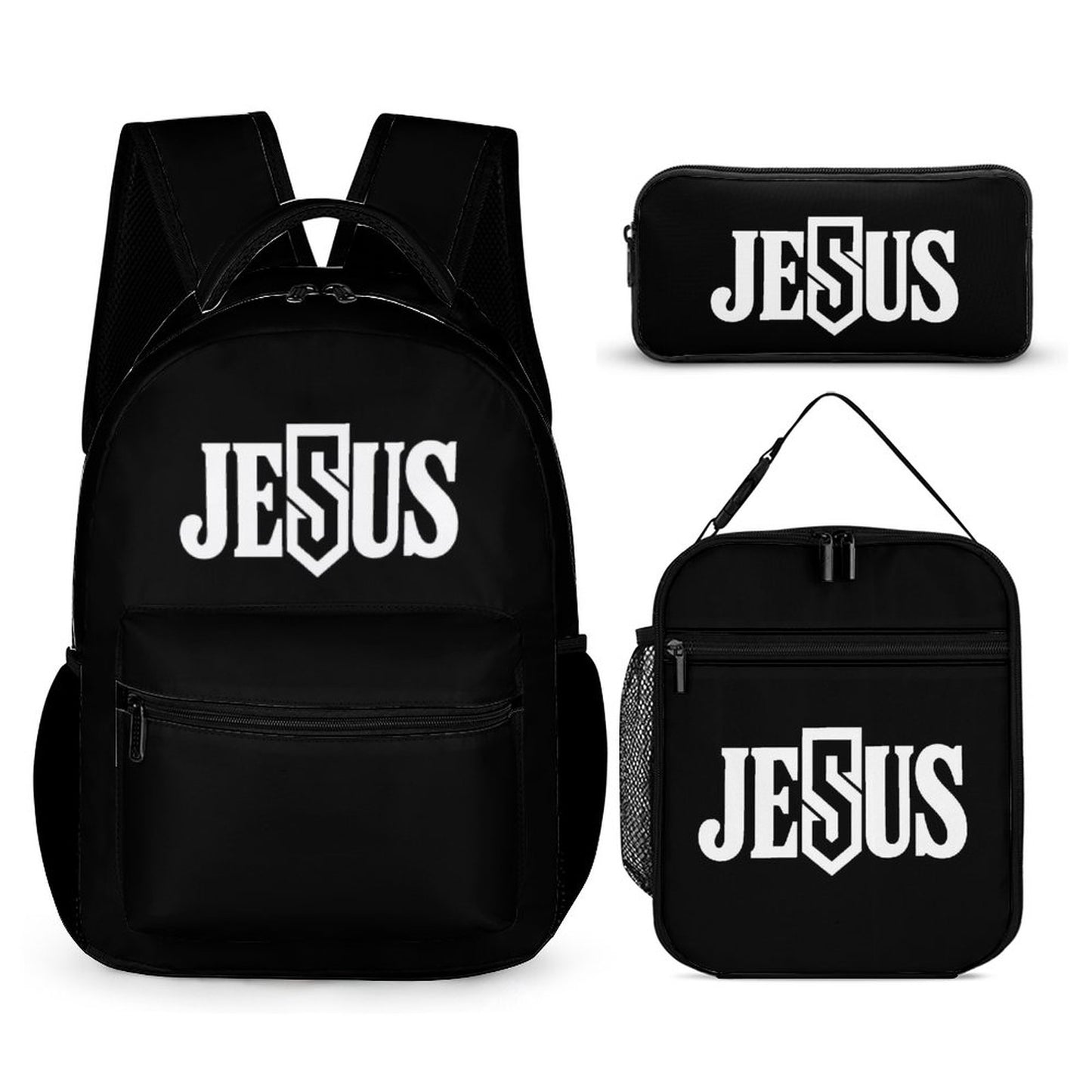 Jesus 3 Pcs School Christian Backpack Set for Kids (Backpack, Kid's Insulated Lunch Bag & Pencil Case Organizer)