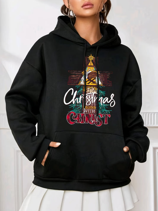 Christmas Begins With Christ Women's Christian Pullover Hooded Sweatshirt claimedbygoddesigns