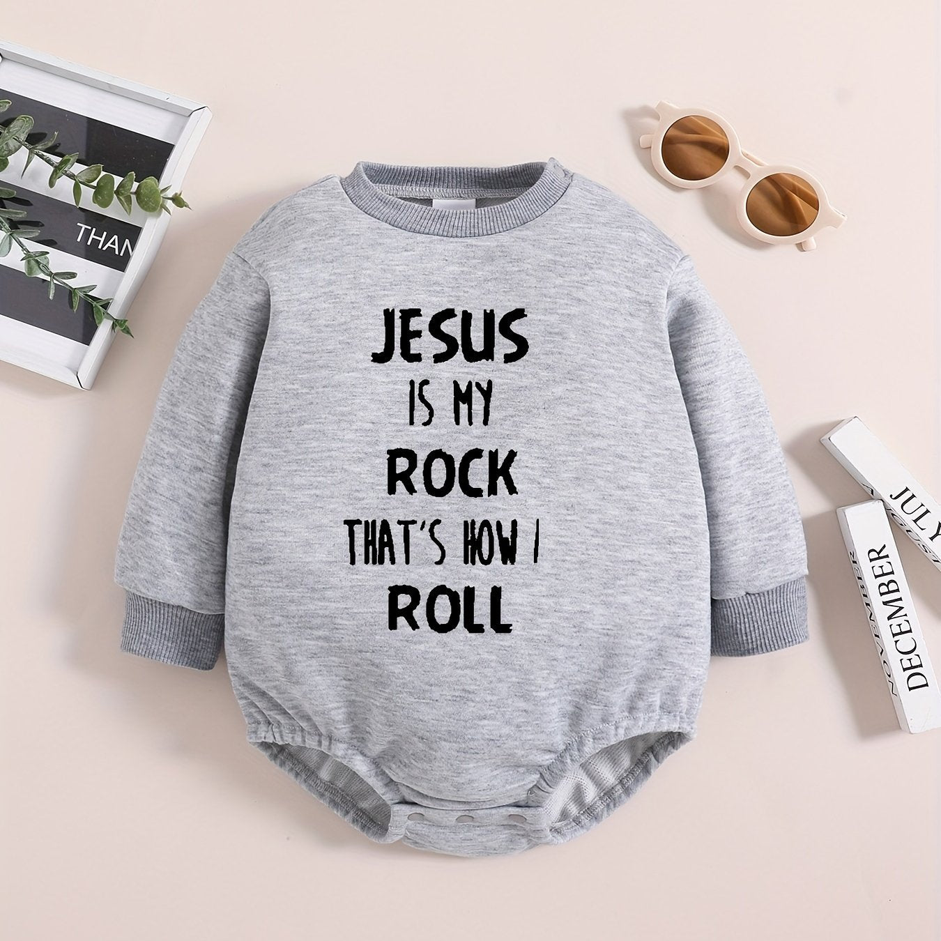 JESUS IS MY ROCK That's How I Roll Long Sleeve Christian Baby Onesie claimedbygoddesigns