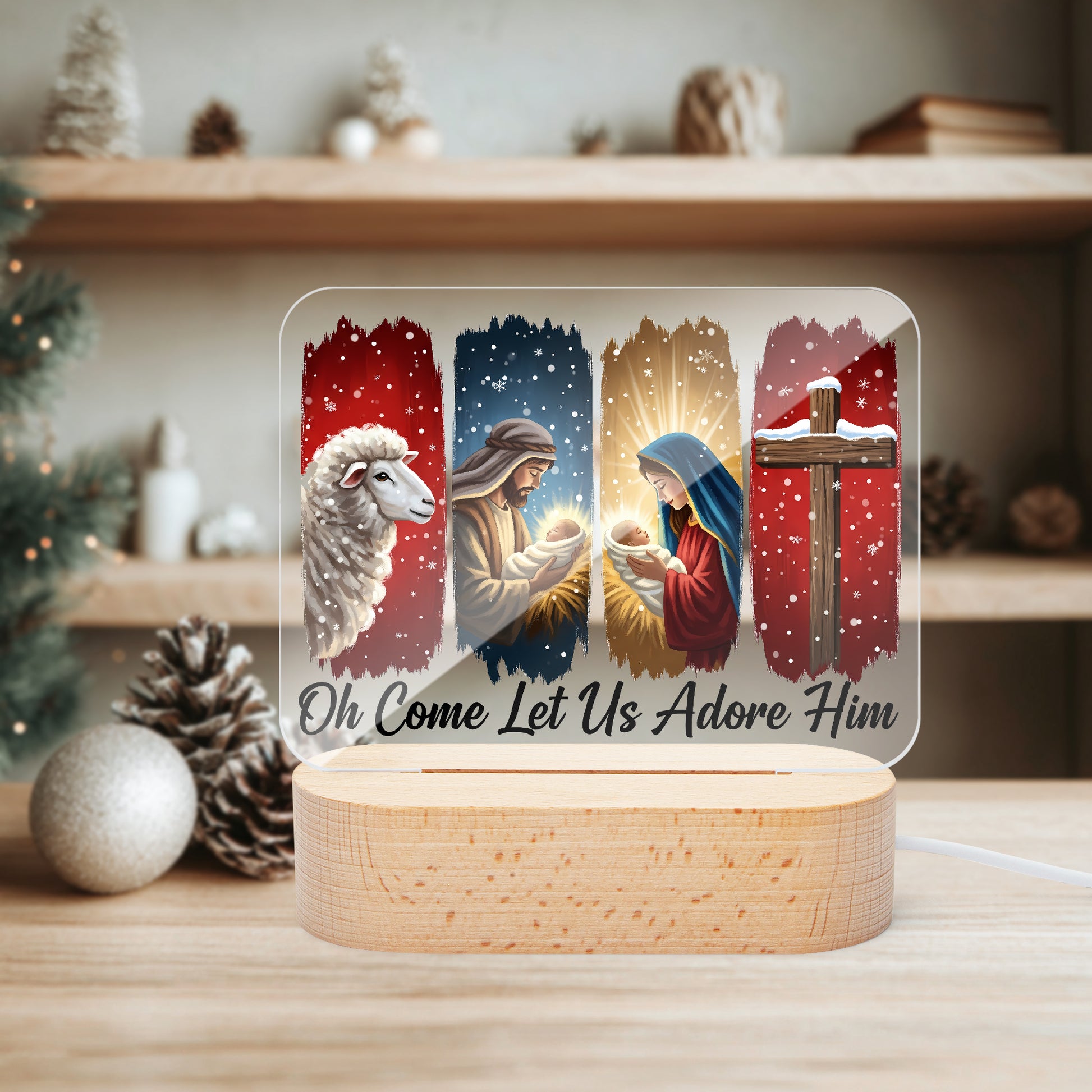 Oh Come Let Us Adore Him Christian Christmas Square Acrylic Night Light - ClaimedbyGodDesigns