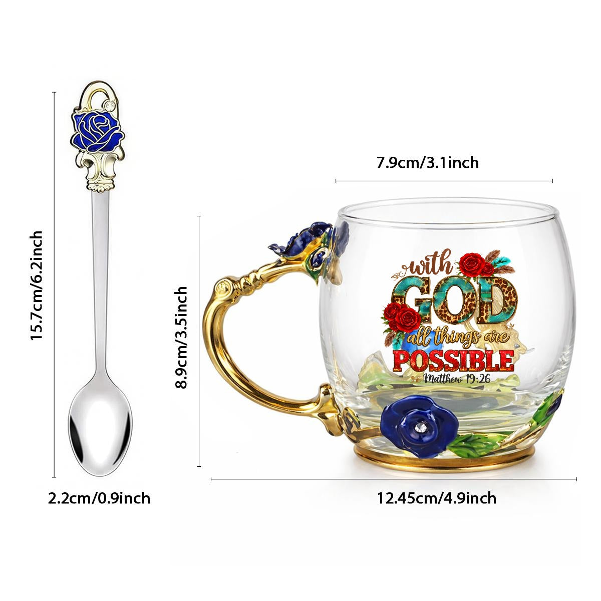 With God All Things Are Possible 12oz Enamel Floral Glass Christian Mug With Spoon