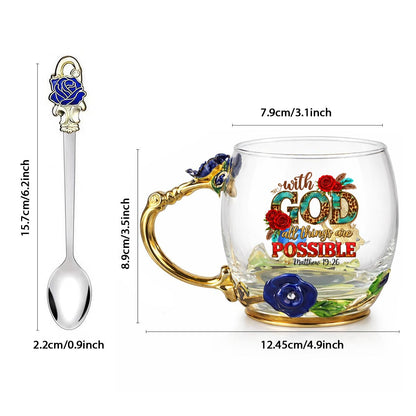With God All Things Are Possible 12oz Enamel Floral Glass Christian Mug With Spoon