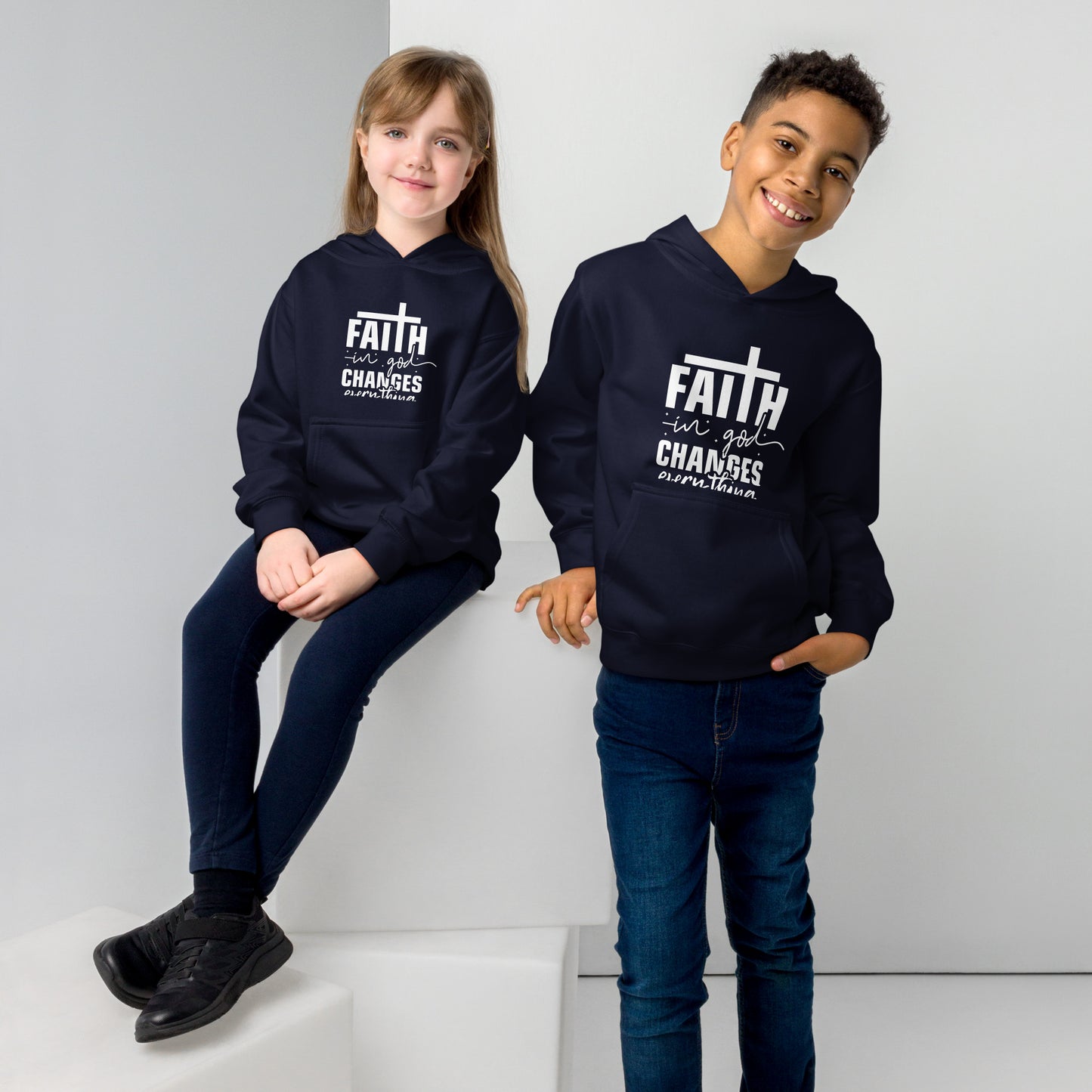 Faith In God Changes Everything Youth Christian fleece Hooded Pullover Sweatshirt