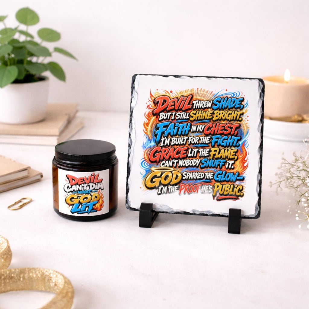 Devil Can’t Dim What God Lit – Faith‑Inspired Candle & Photo Slate Gift Set | Christian Streetwear Home Decor - ClaimedbyGodDesigns