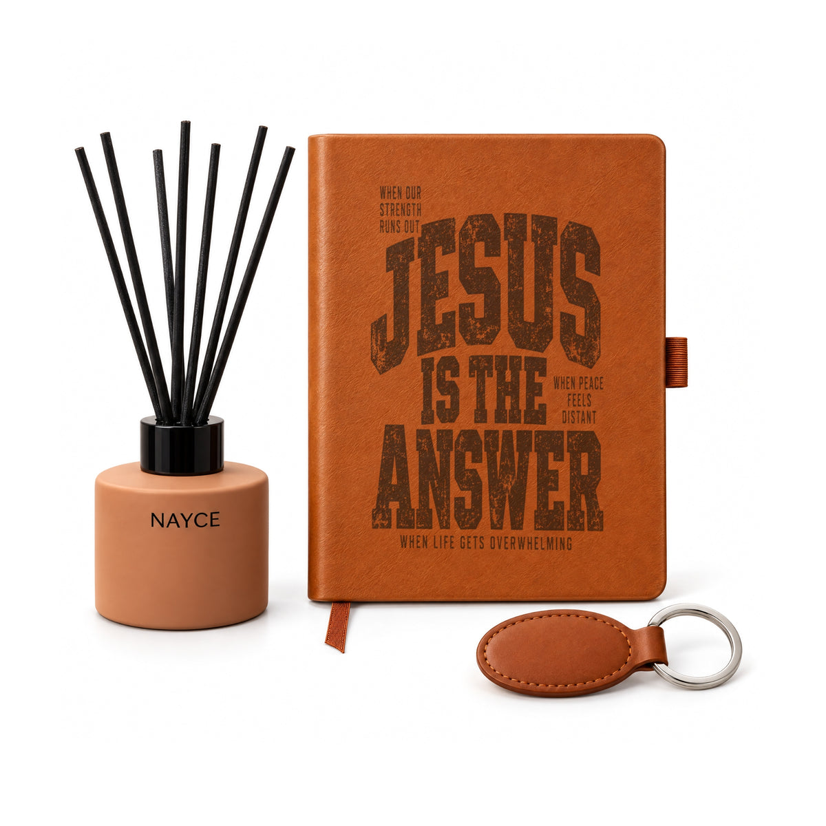 Jesus Is the Answer Christian gift set: engraved brown journal, reed diffuser and leather keychain