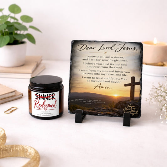 Sinner Redeemed soy candle and Dear Lord Jesus salvation prayer slate Christian gift set