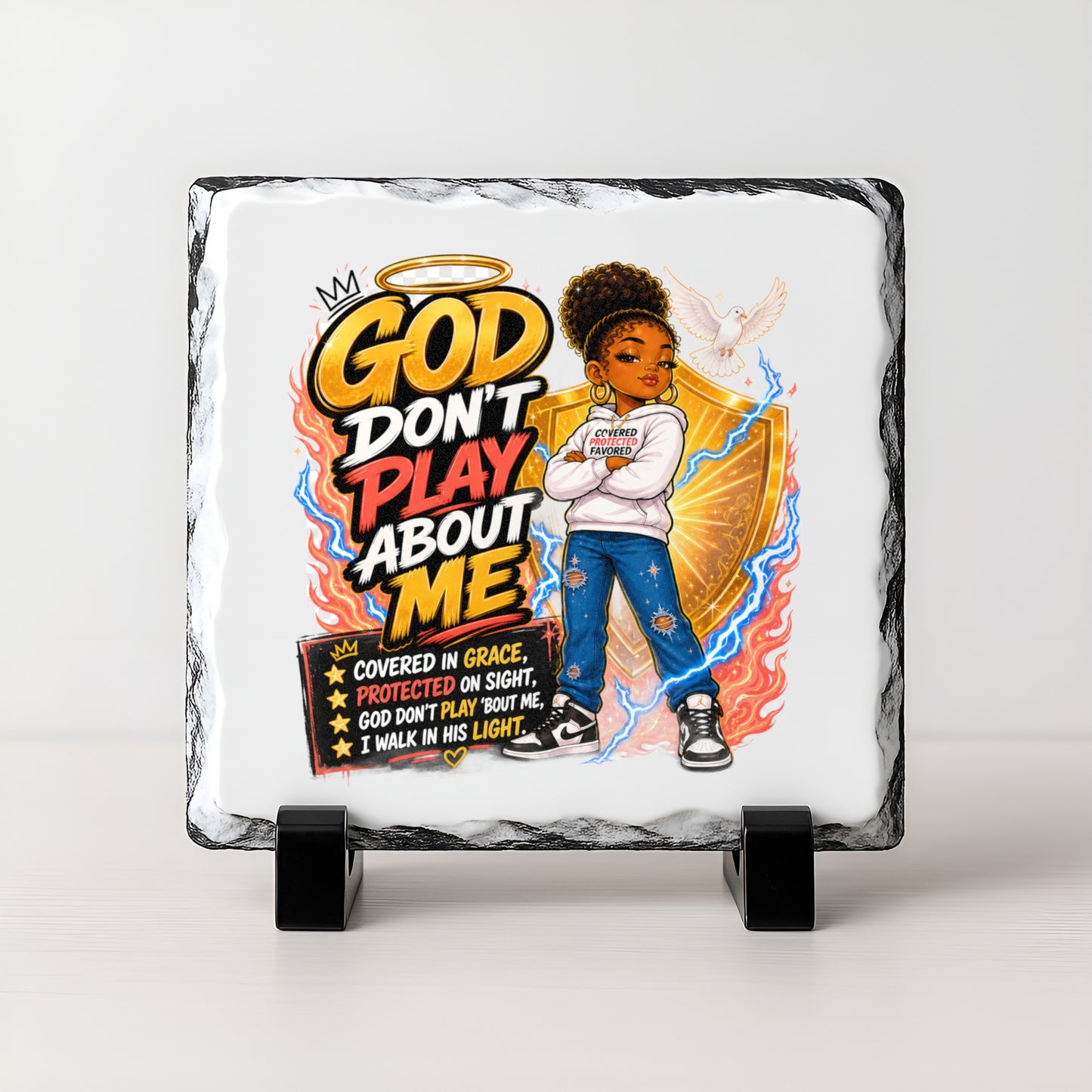 God Don’t Play About Me – Faith‑Inspired Candle & Photo Slate Set | Christian Streetwear Home Decor - ClaimedbyGodDesigns