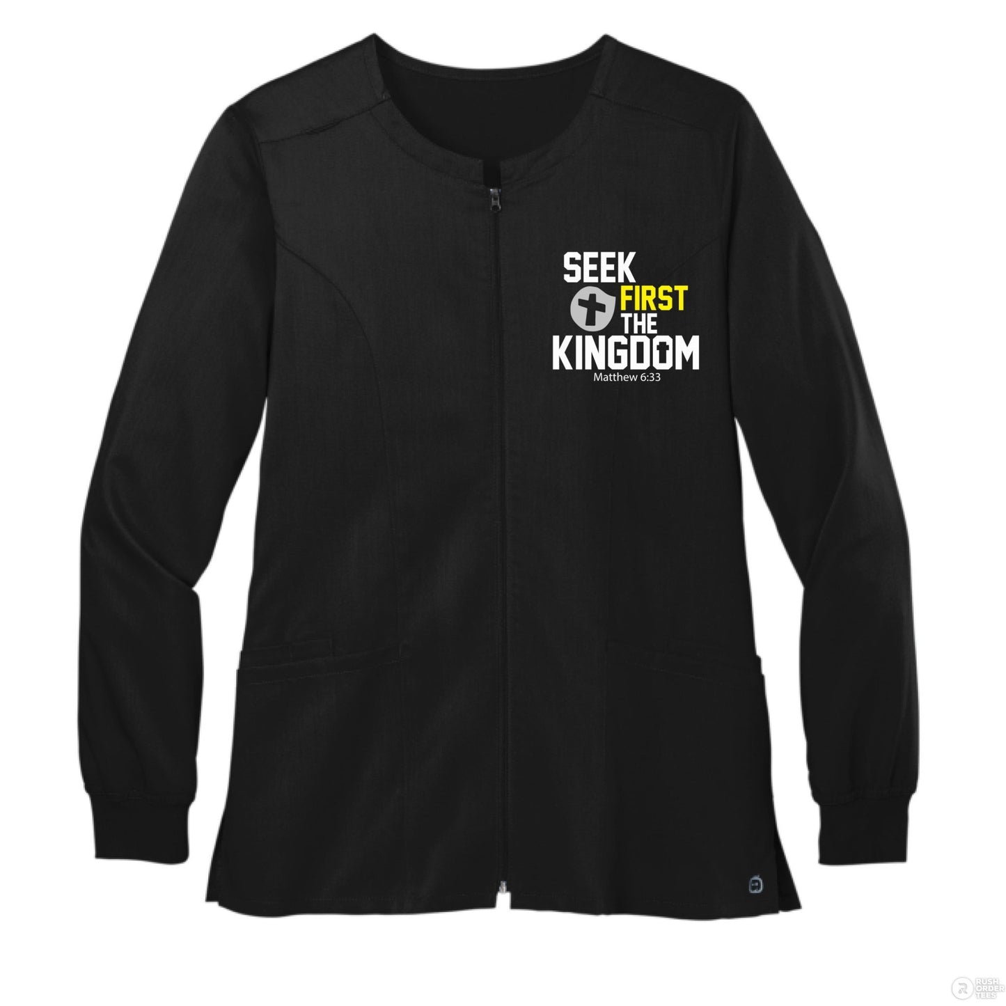 Seek First The Kingdom Women’s Christian Premiere Flex Full - Zip Scrub Jacket – Comfortable, Stylish, and Flexible Workwear - ClaimedbyGodDesigns