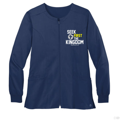 Seek First The Kingdom Women’s Christian Premiere Flex Full - Zip Scrub Jacket – Comfortable, Stylish, and Flexible Workwear - ClaimedbyGodDesigns