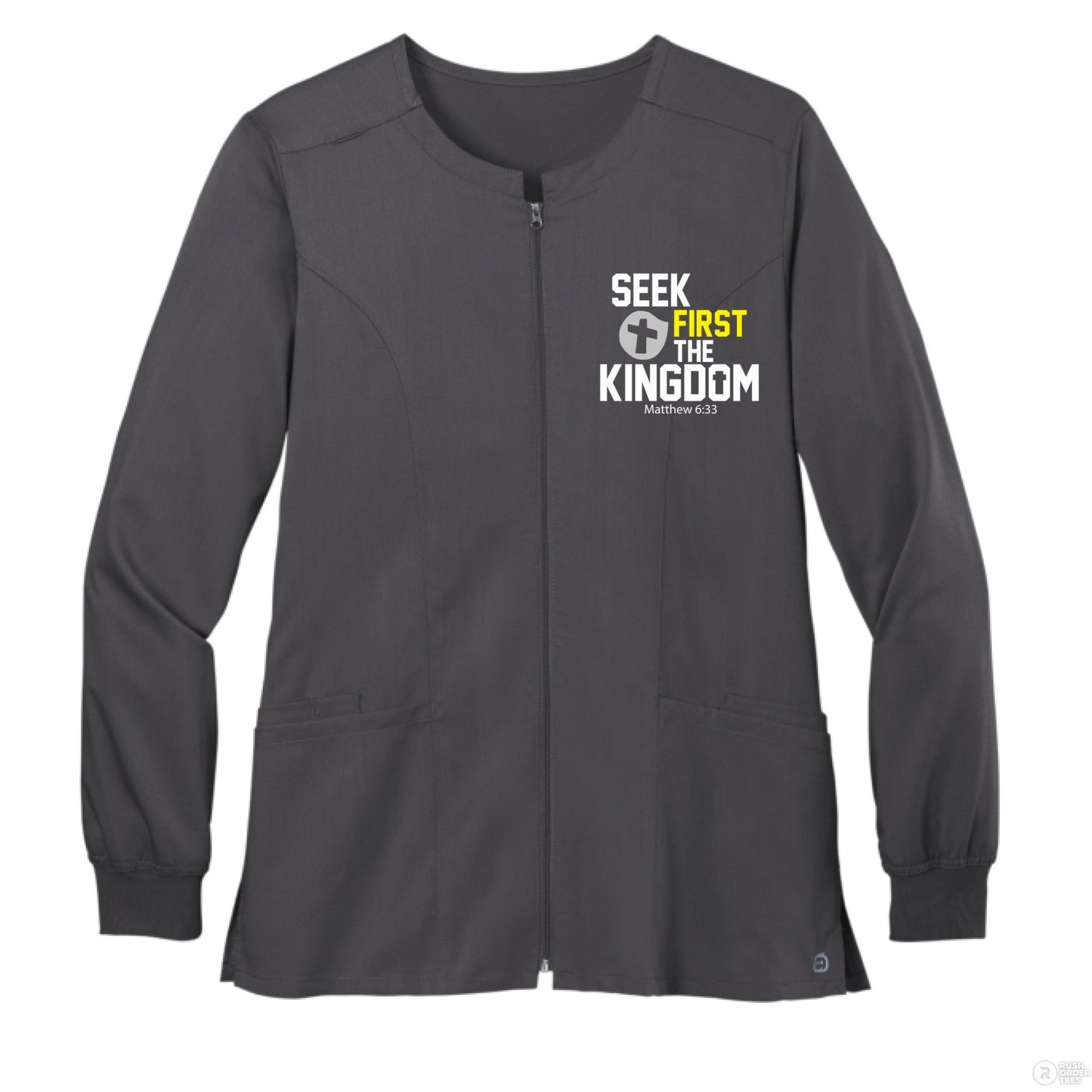 Seek First The Kingdom Women’s Christian Premiere Flex Full - Zip Scrub Jacket – Comfortable, Stylish, and Flexible Workwear - ClaimedbyGodDesigns