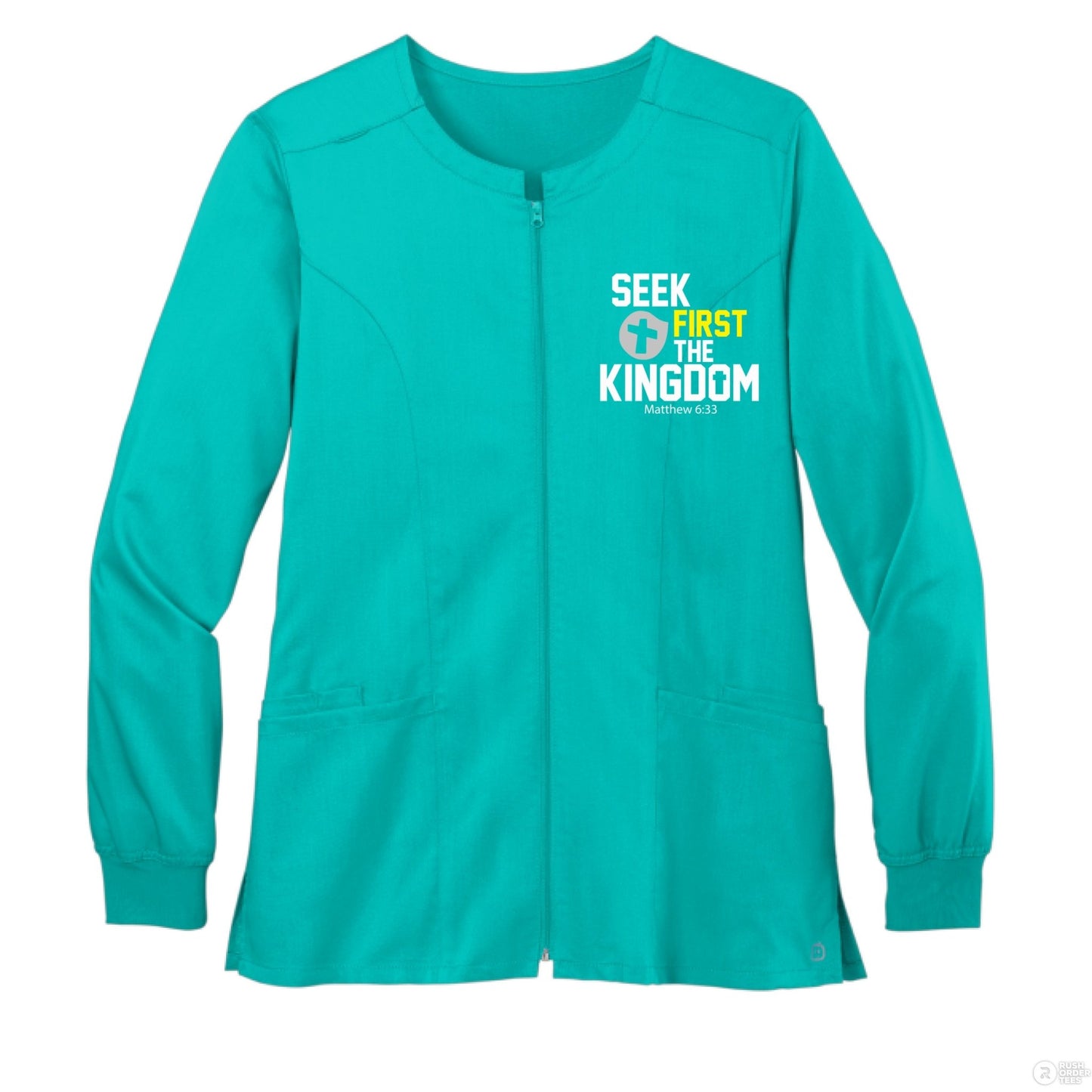 Seek First The Kingdom Women’s Christian Premiere Flex Full - Zip Scrub Jacket – Comfortable, Stylish, and Flexible Workwear - ClaimedbyGodDesigns