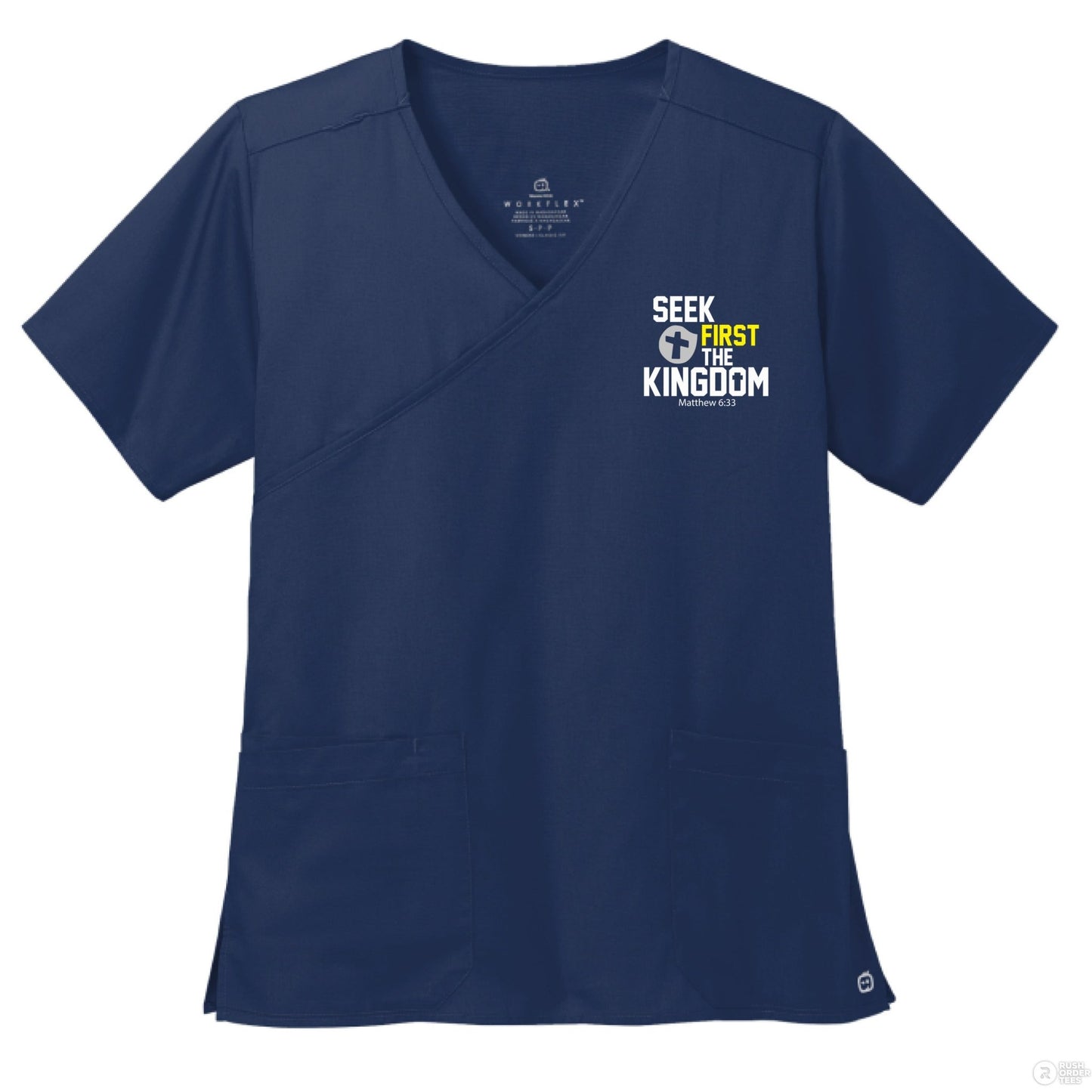 Seek First The Kingdom Women’s WorkFlex Mock Wrap Christian Scrub Top – Comfortable, Stylish, and Professional Workwear - ClaimedbyGodDesigns