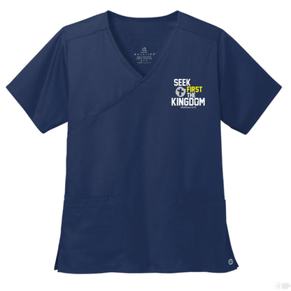 Seek First The Kingdom Women’s WorkFlex Mock Wrap Christian Scrub Top – Comfortable, Stylish, and Professional Workwear - ClaimedbyGodDesigns