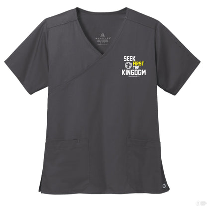 Seek First The Kingdom Women’s WorkFlex Mock Wrap Christian Scrub Top – Comfortable, Stylish, and Professional Workwear - ClaimedbyGodDesigns