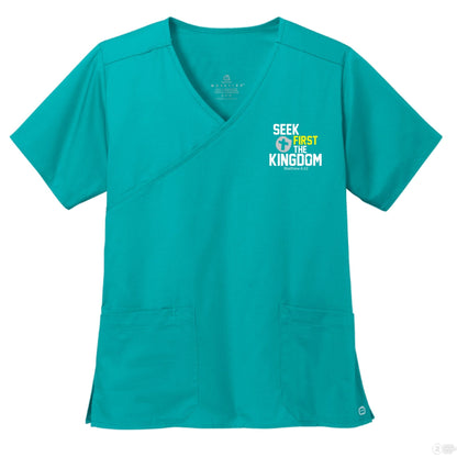 Seek First The Kingdom Women’s WorkFlex Mock Wrap Christian Scrub Top – Comfortable, Stylish, and Professional Workwear - ClaimedbyGodDesigns