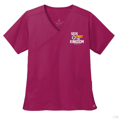 Seek First The Kingdom Women’s WorkFlex Mock Wrap Christian Scrub Top – Comfortable, Stylish, and Professional Workwear - ClaimedbyGodDesigns