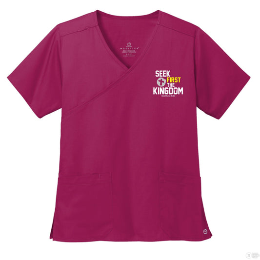 Seek First The Kingdom Women’s WorkFlex Mock Wrap Christian Scrub Top – Comfortable, Stylish, and Professional Workwear - ClaimedbyGodDesigns