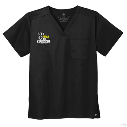 Seek First The Kingdom Unisex Chest Pocket V - Neck Scrub Top – Comfortable, Durable, and Professional Workwear - ClaimedbyGodDesigns