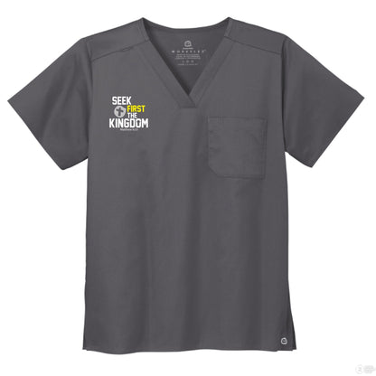 Seek First The Kingdom Unisex Chest Pocket V - Neck Scrub Top – Comfortable, Durable, and Professional Workwear - ClaimedbyGodDesigns