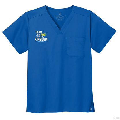 Seek First The Kingdom Unisex Chest Pocket V - Neck Scrub Top – Comfortable, Durable, and Professional Workwear - ClaimedbyGodDesigns