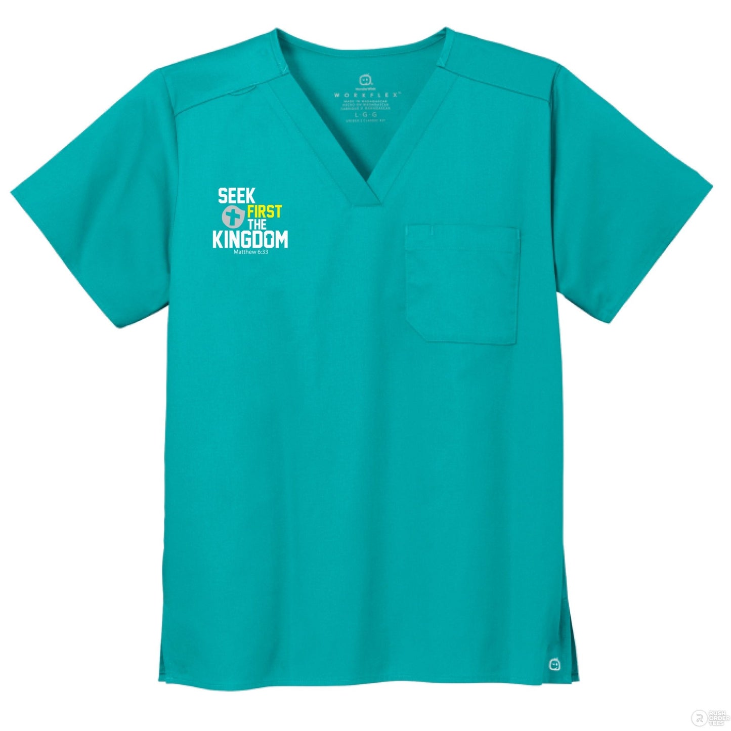 Seek First The Kingdom Unisex Chest Pocket V - Neck Scrub Top – Comfortable, Durable, and Professional Workwear - ClaimedbyGodDesigns