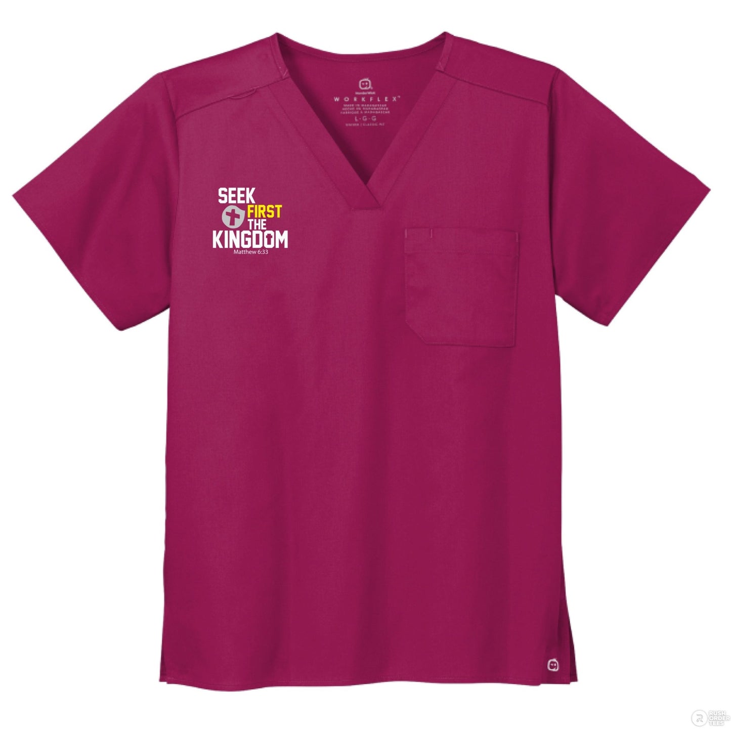Seek First The Kingdom Unisex Chest Pocket V - Neck Scrub Top – Comfortable, Durable, and Professional Workwear - ClaimedbyGodDesigns