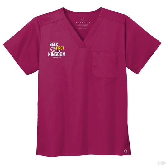 Seek First The Kingdom Unisex Chest Pocket V - Neck Scrub Top – Comfortable, Durable, and Professional Workwear - ClaimedbyGodDesigns