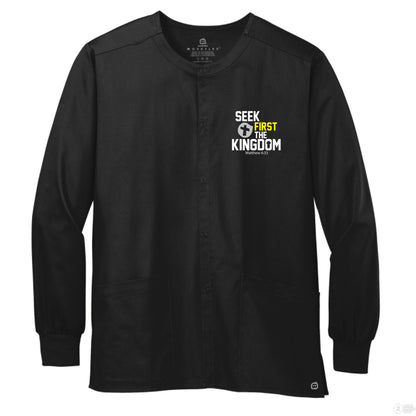 Seek First The Kingdom Unisex Christian WorkFlex Snap - Front Scrub Jacket – Comfortable, Durable, and Professional Workwear - ClaimedbyGodDesigns