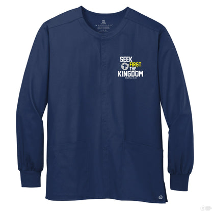 Seek First The Kingdom Unisex Christian WorkFlex Snap - Front Scrub Jacket – Comfortable, Durable, and Professional Workwear - ClaimedbyGodDesigns