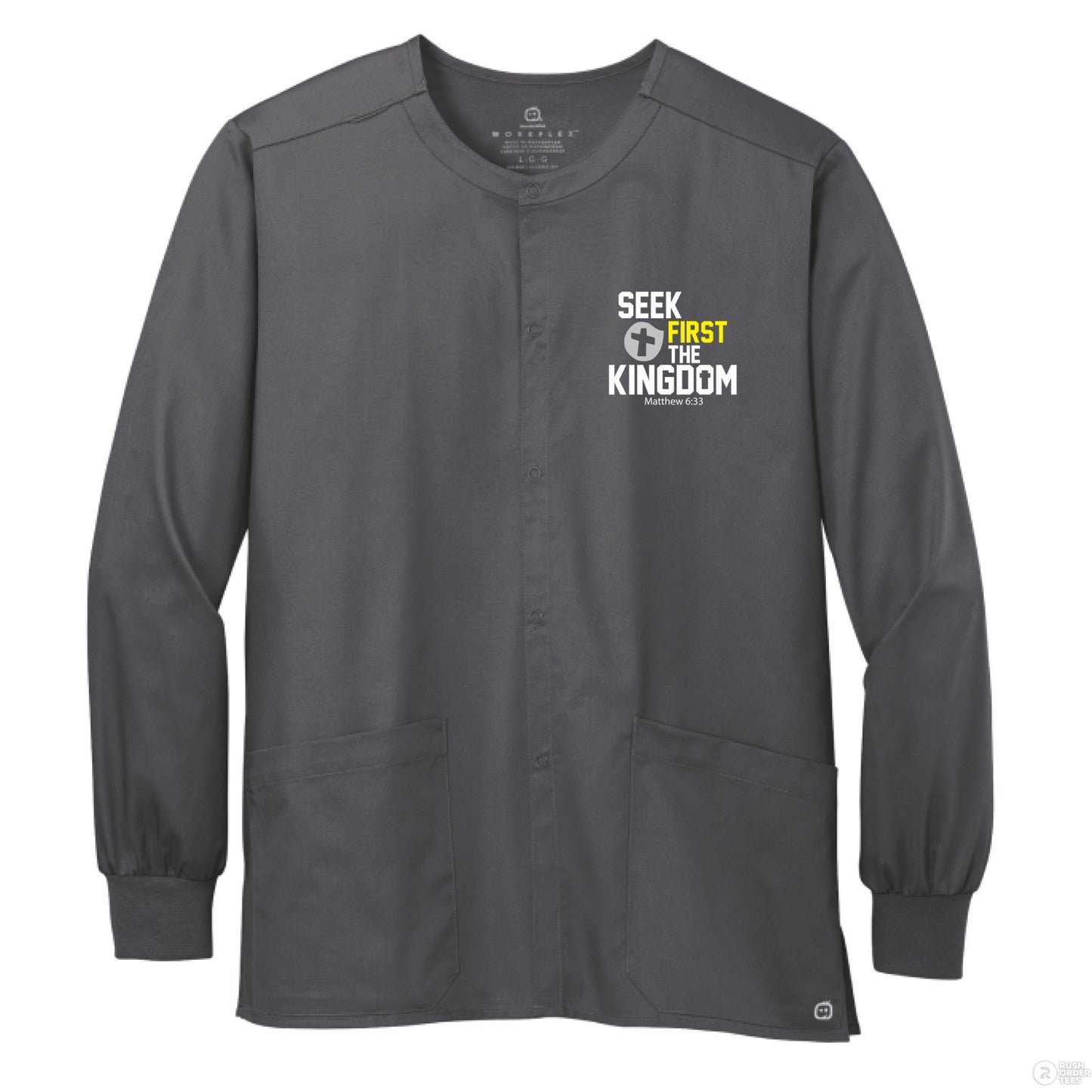 Seek First The Kingdom Unisex Christian WorkFlex Snap - Front Scrub Jacket – Comfortable, Durable, and Professional Workwear - ClaimedbyGodDesigns