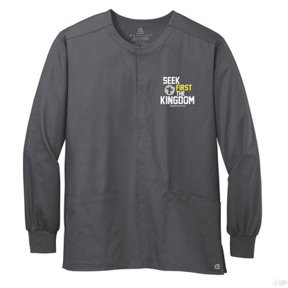 Seek First The Kingdom Unisex Christian WorkFlex Snap - Front Scrub Jacket – Comfortable, Durable, and Professional Workwear - ClaimedbyGodDesigns