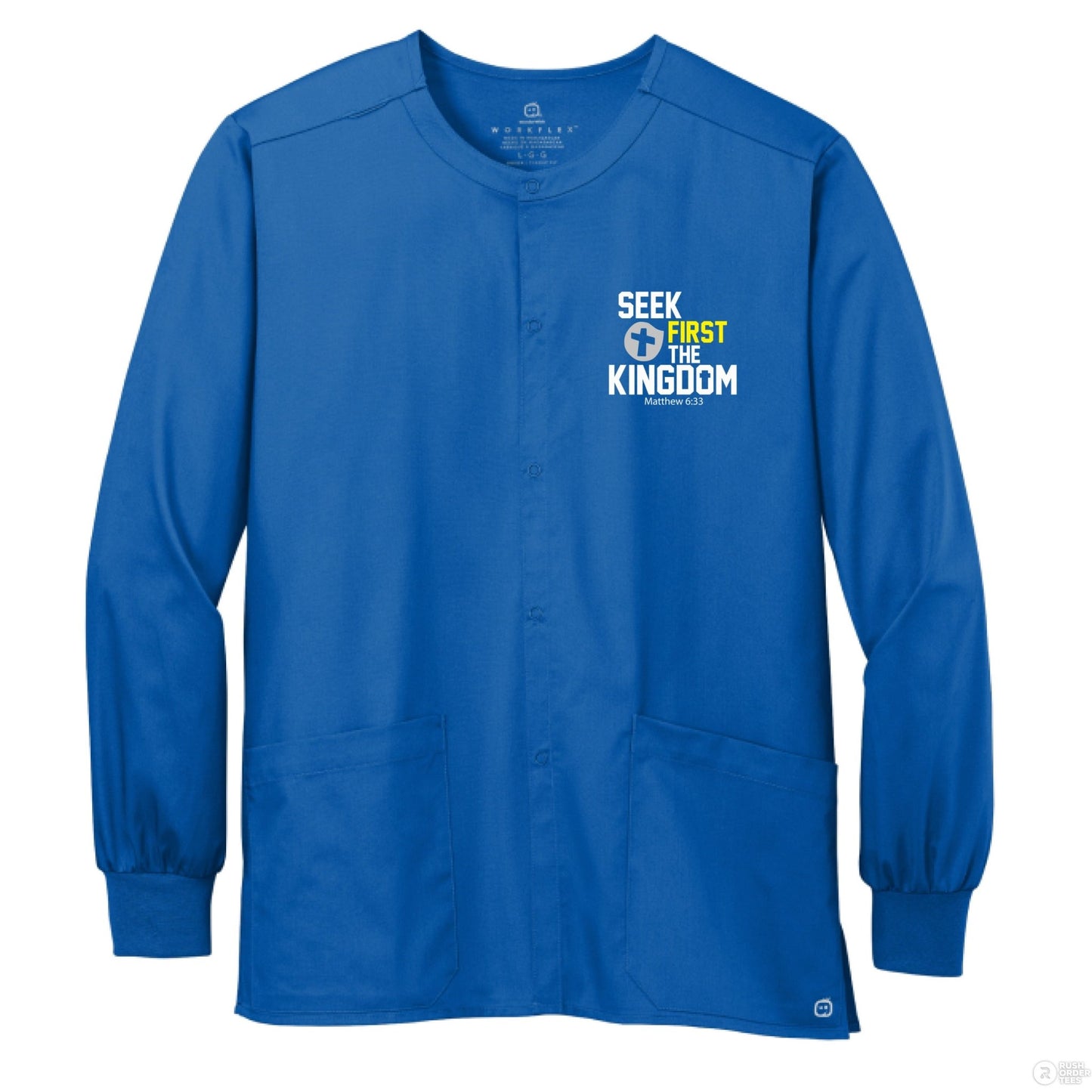 Seek First The Kingdom Unisex Christian WorkFlex Snap - Front Scrub Jacket – Comfortable, Durable, and Professional Workwear - ClaimedbyGodDesigns