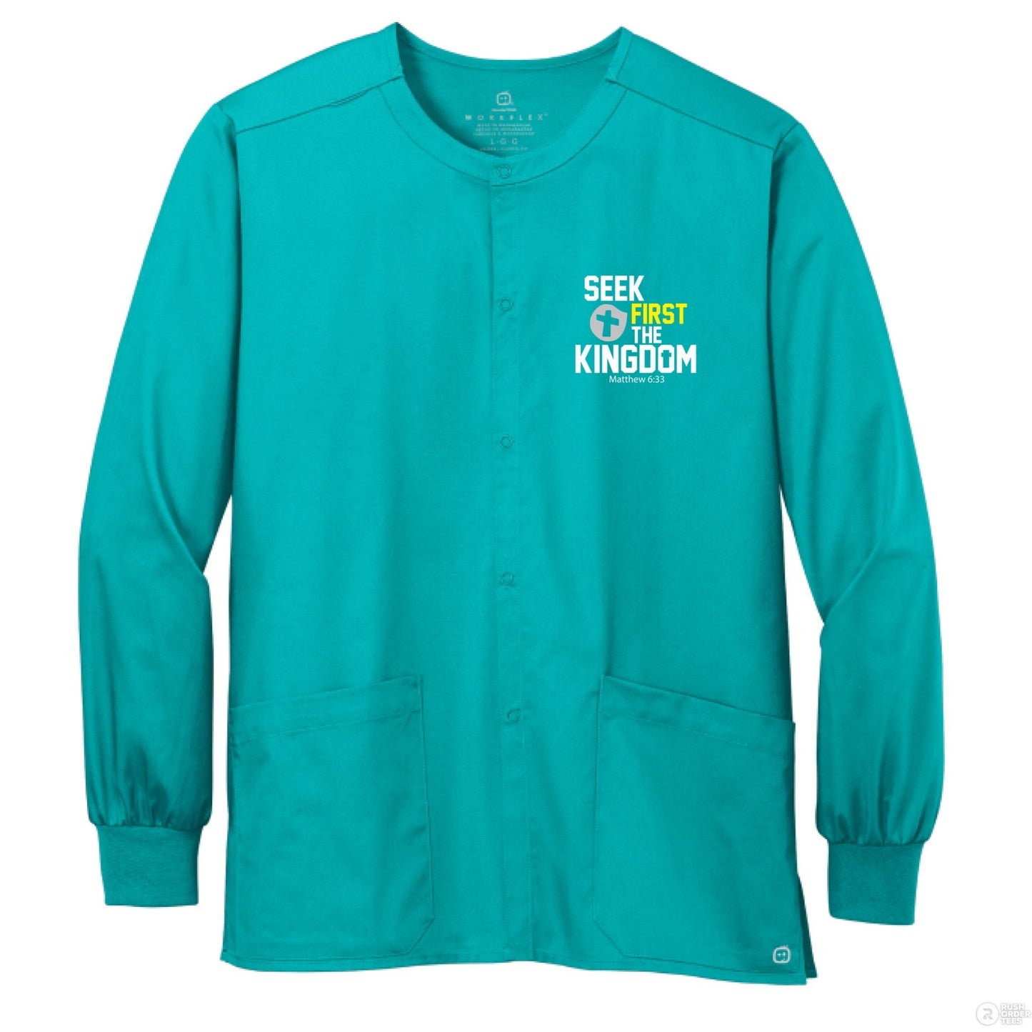 Seek First The Kingdom Unisex Christian WorkFlex Snap - Front Scrub Jacket – Comfortable, Durable, and Professional Workwear - ClaimedbyGodDesigns