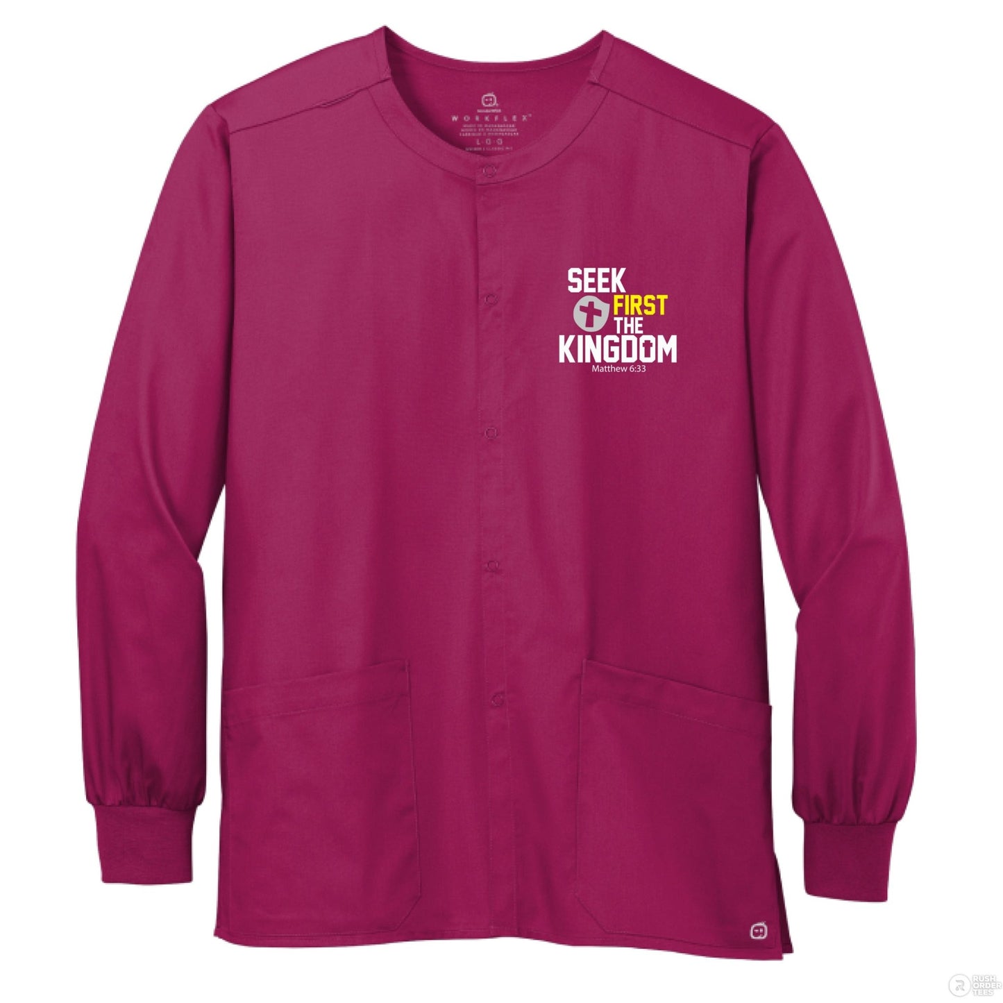 Seek First The Kingdom Unisex Christian WorkFlex Snap - Front Scrub Jacket – Comfortable, Durable, and Professional Workwear - ClaimedbyGodDesigns