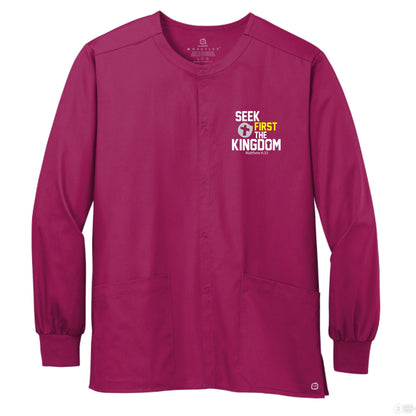 Seek First The Kingdom Unisex Christian WorkFlex Snap - Front Scrub Jacket – Comfortable, Durable, and Professional Workwear - ClaimedbyGodDesigns