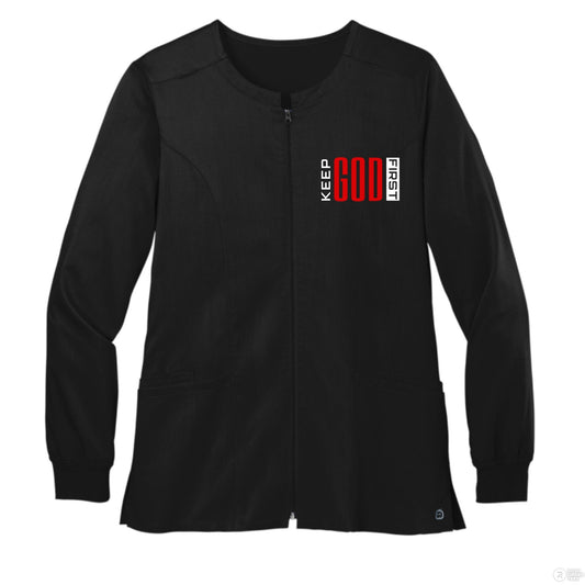 Keep Him First Women’s Christian Premiere Flex Full - Zip Scrub Jacket - ClaimedbyGodDesigns