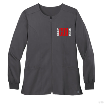 Keep Him First Women’s Christian Premiere Flex Full - Zip Scrub Jacket - ClaimedbyGodDesigns