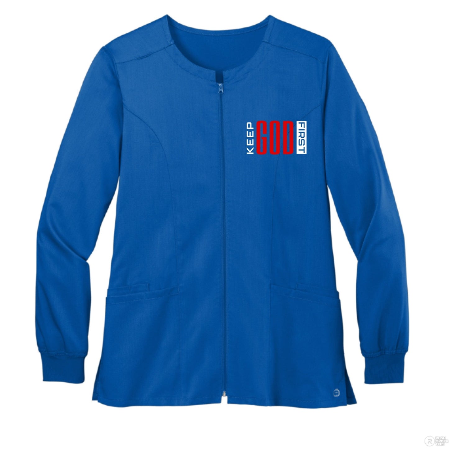 Keep Him First Women’s Christian Premiere Flex Full - Zip Scrub Jacket - ClaimedbyGodDesigns