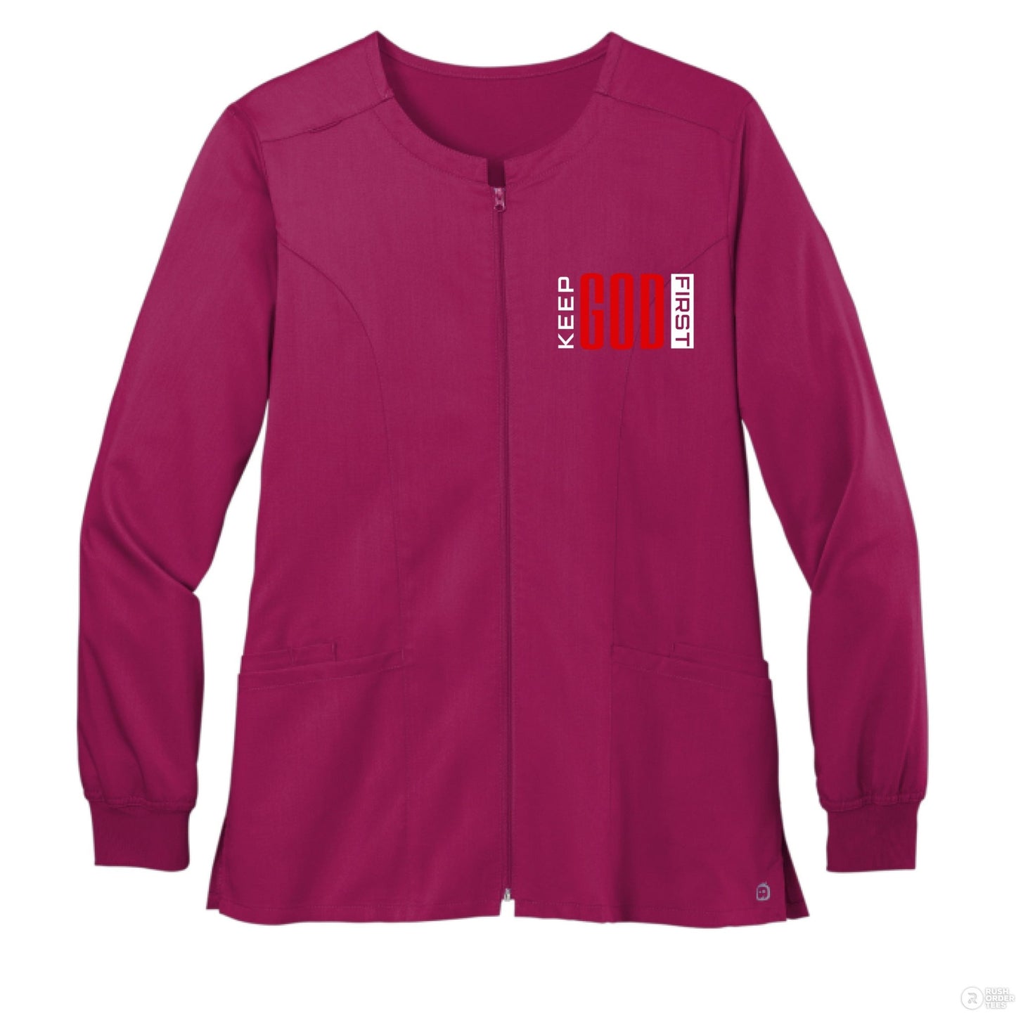 Keep Him First Women’s Christian Premiere Flex Full - Zip Scrub Jacket - ClaimedbyGodDesigns