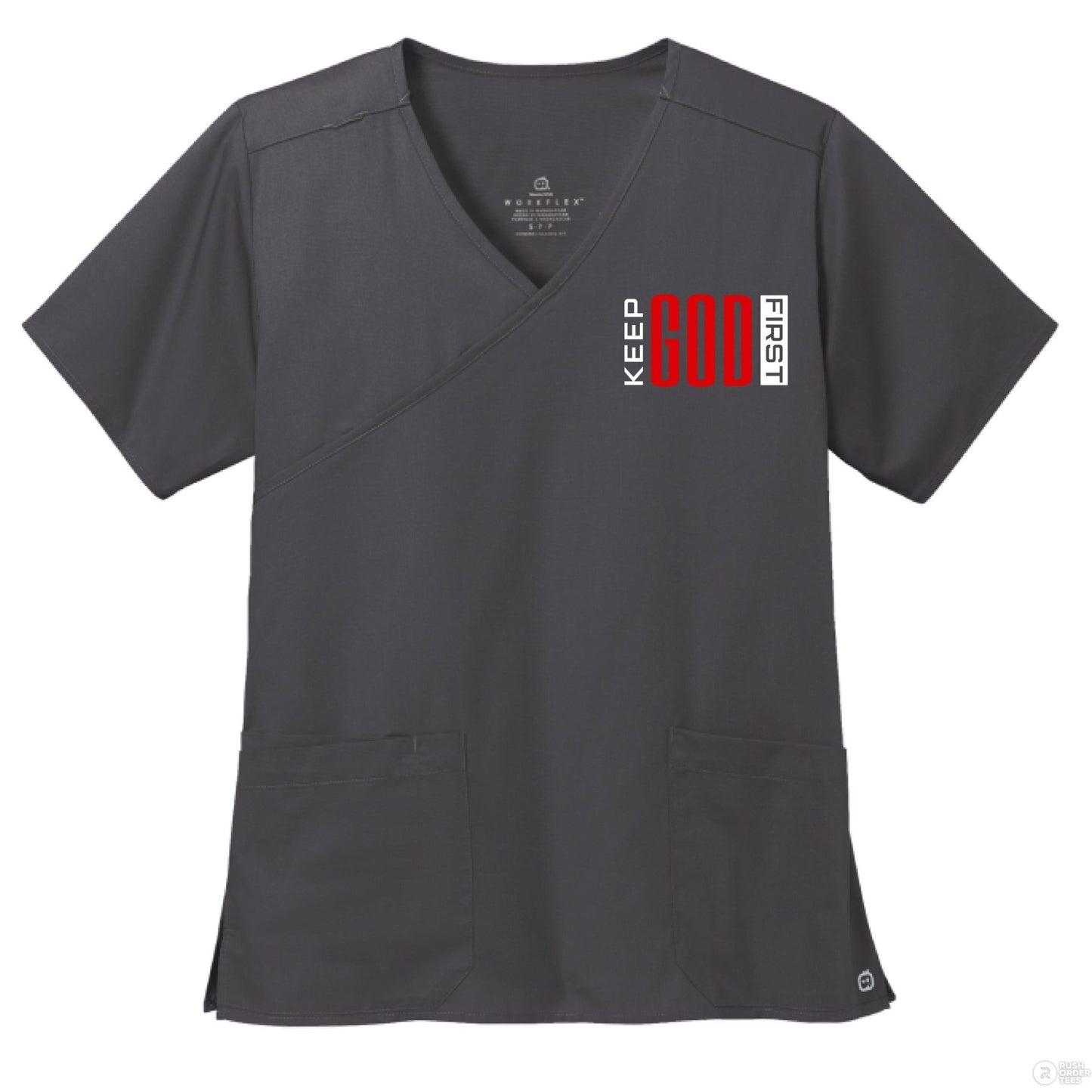 Keep Him First Women’s WorkFlex Mock Wrap Christian Scrub Top - ClaimedbyGodDesigns