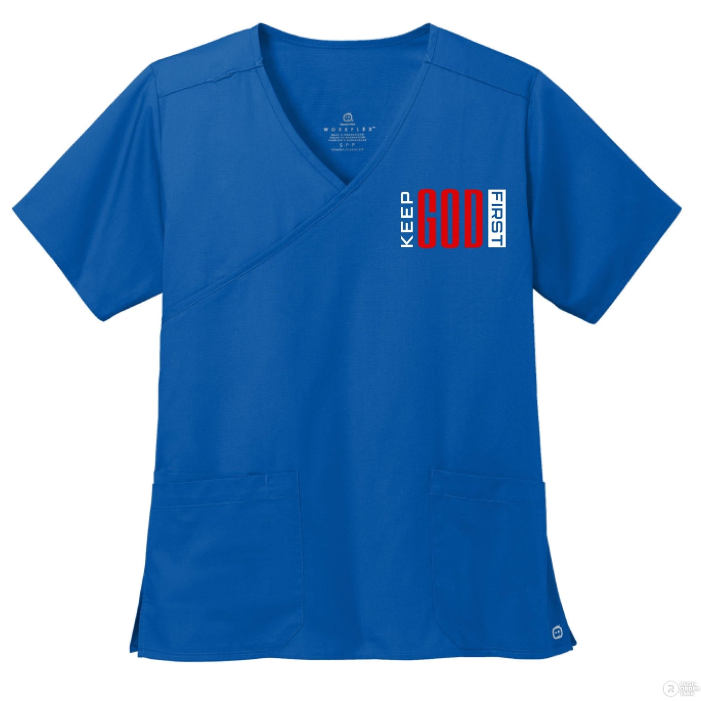 Keep Him First Women’s WorkFlex Mock Wrap Christian Scrub Top - ClaimedbyGodDesigns