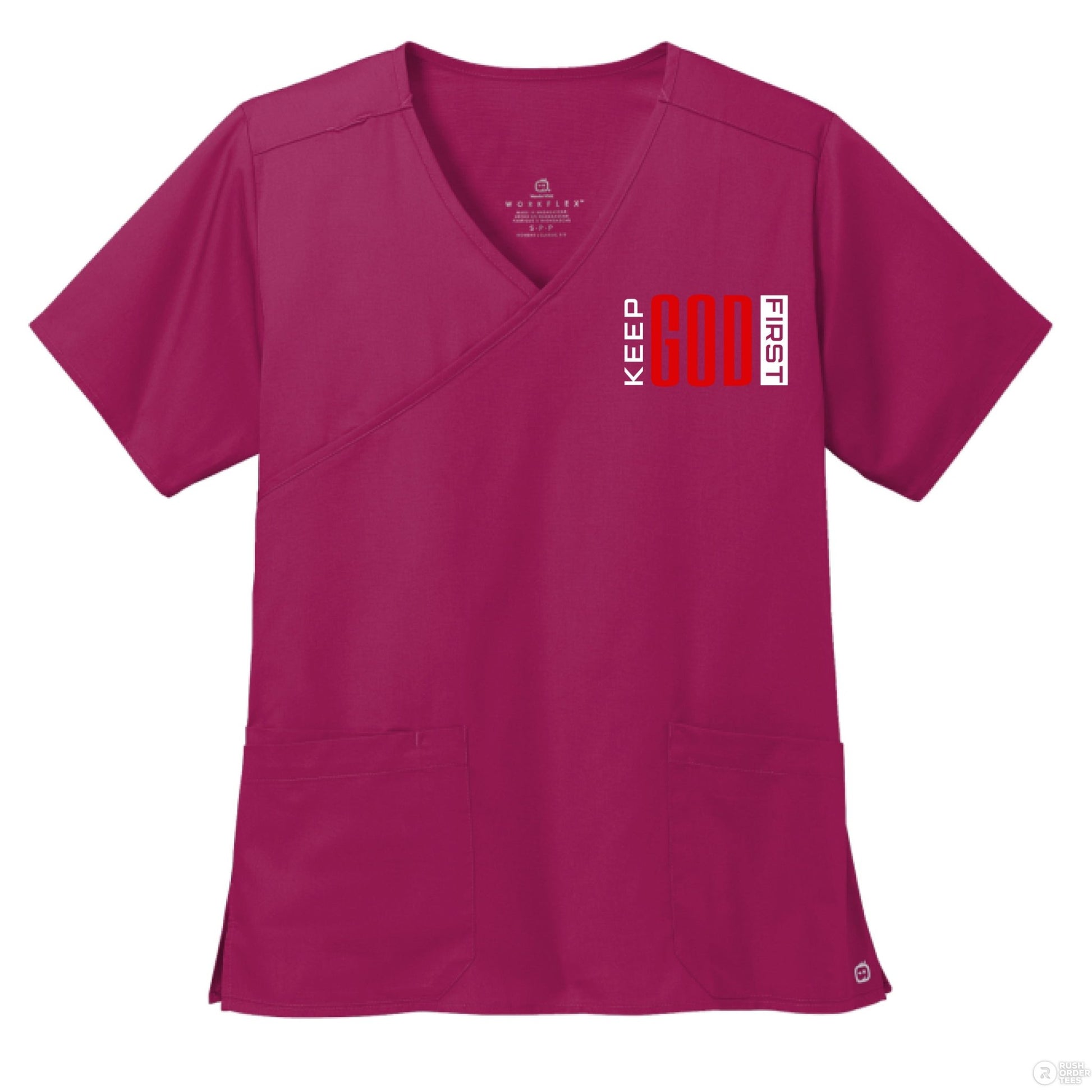Keep Him First Women’s WorkFlex Mock Wrap Christian Scrub Top - ClaimedbyGodDesigns