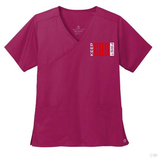 Keep Him First Women’s WorkFlex Mock Wrap Christian Scrub Top - ClaimedbyGodDesigns