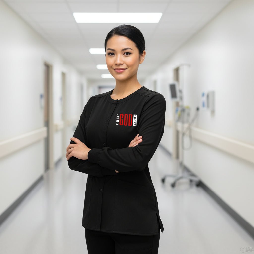 Keep HIm First Unisex Christian WorkFlex Snap - Front Scrub Jacket – Comfortable, Durable, and Professional Workwear - ClaimedbyGodDesigns