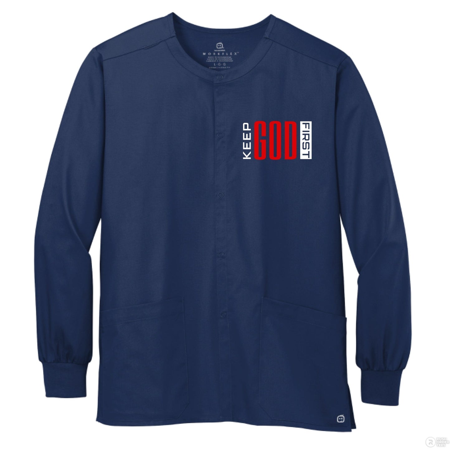 Keep HIm First Unisex Christian WorkFlex Snap - Front Scrub Jacket – Comfortable, Durable, and Professional Workwear - ClaimedbyGodDesigns