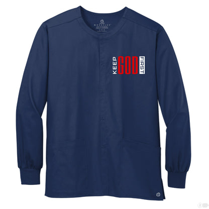 Keep HIm First Unisex Christian WorkFlex Snap - Front Scrub Jacket – Comfortable, Durable, and Professional Workwear - ClaimedbyGodDesigns