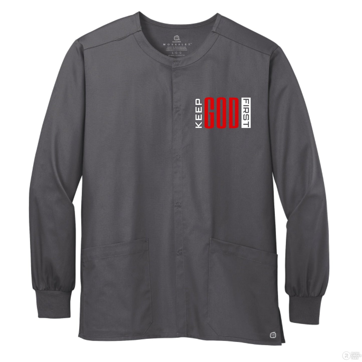 Keep HIm First Unisex Christian WorkFlex Snap - Front Scrub Jacket – Comfortable, Durable, and Professional Workwear - ClaimedbyGodDesigns