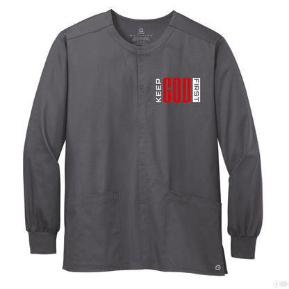 Keep HIm First Unisex Christian WorkFlex Snap - Front Scrub Jacket – Comfortable, Durable, and Professional Workwear - ClaimedbyGodDesigns